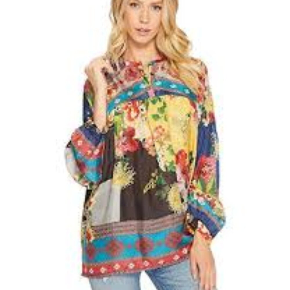 Johnny Was Aura Peasant Colorful Boho Silk Top Sz L